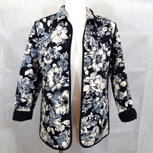 Reverse Quilted Blazer Black White Floral Women's Sz L - Picture 1 of 9